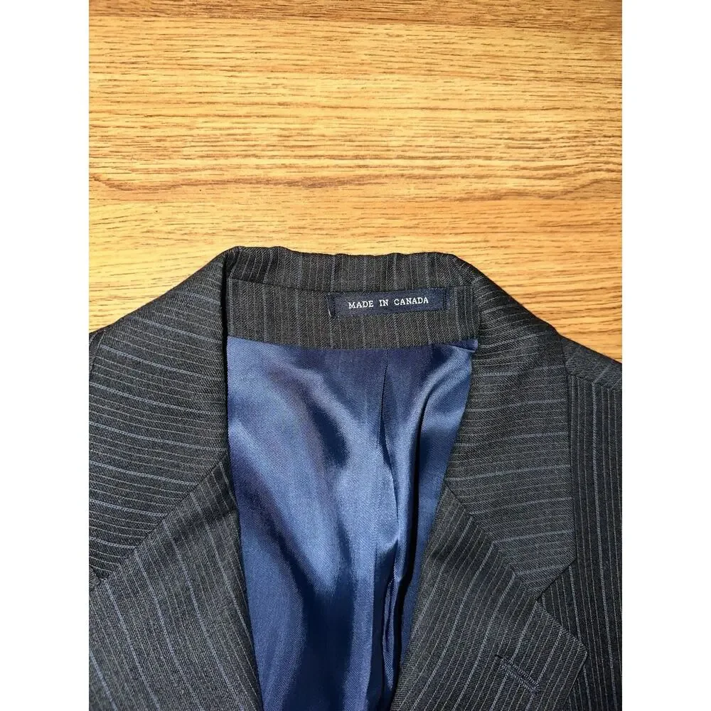 Ralph Lauren Charcoal Blue Pin Stripe Suit Jacket Men's 46 Virgin Wool 3 Button